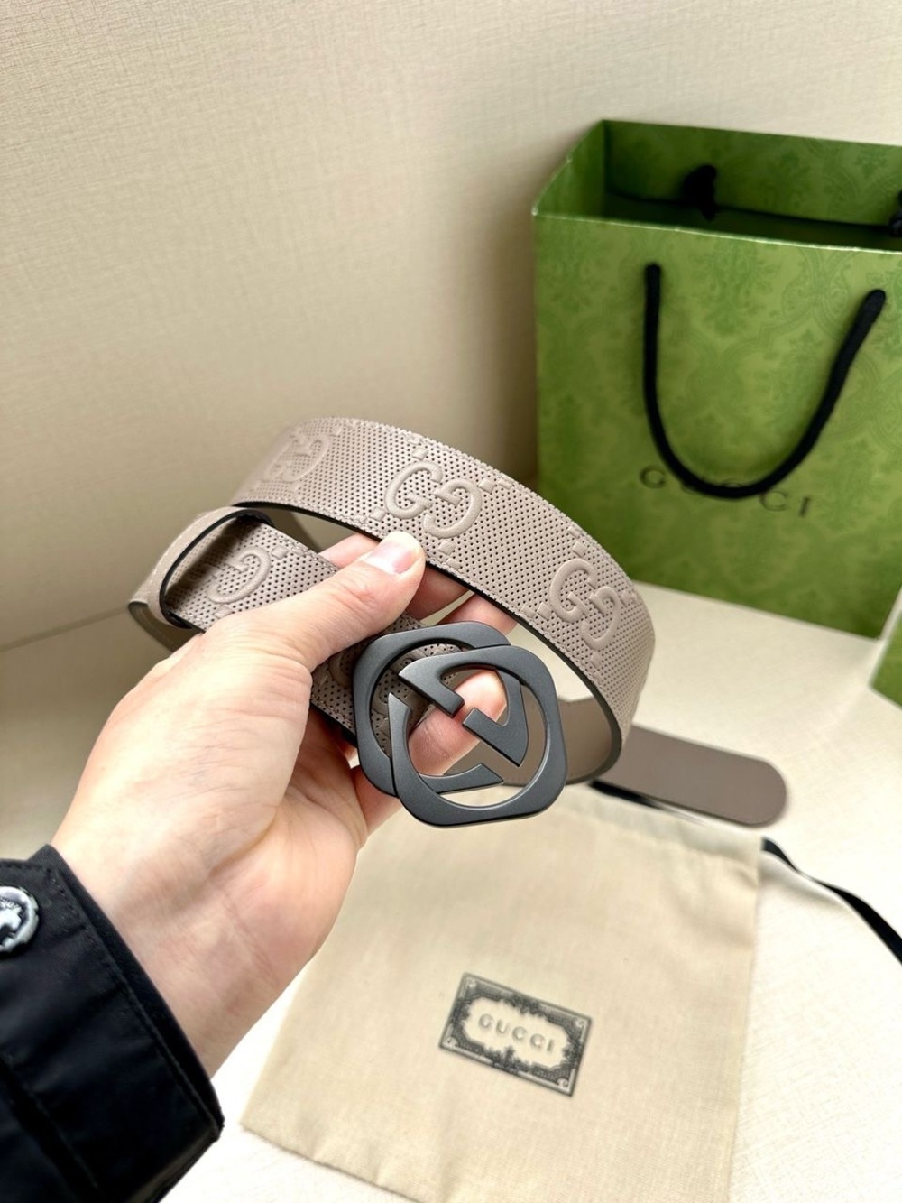 Gucci Taupe Embossed Double G Leather Belt with Matte Black Buckle